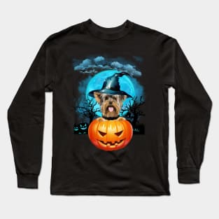 Yorkshire Terrier Witch Hat Pumpkin And Blue Moon Halloween Long Sleeve T-Shirt